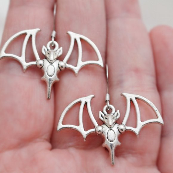 Large Silver Bat Charm Earrings - Picture 1 of 6